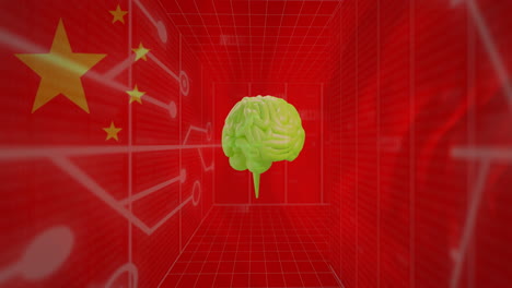 Animation-of-motherboard-networks-and-rotating-brain-over-flag-of-china