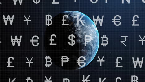 Animation-Von-Währungssymbolen-Und-Digitaler-Datenverarbeitung-über-Dem-Globus-Auf-Dunklem-Hintergrund