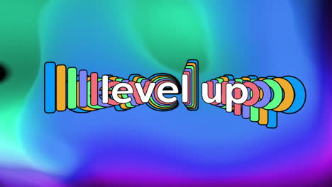 Animation-Eines-Level-Up-Textes-Im-Regenbogen-über-Einem-Neonfarbenen-Musterhintergrund