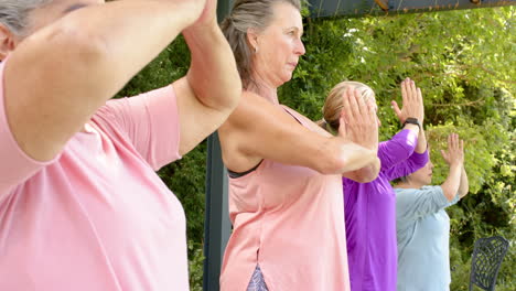 Ältere-Vielfältige-Gruppe-Von-Frauen-Praktiziert-Yoga-Im-Freien