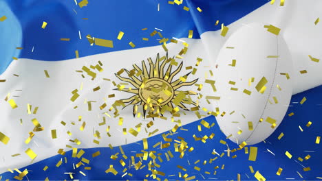 Animation-of-confetti-over-white-rugby-ball-and-flag-of-argentina