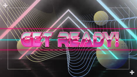Animation-of-get-ready-text-in-pink-metallic-letters-over-scanner,-neon-triangles-and-network