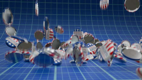 Animation-Fallender-Präsidentschaftswahltexte-Mit-Anstecknadeln-Mit-Amerikanischer-Flagge-Auf-Blauem-Hintergrund