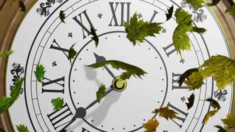 Animation-of-autumn-leaves-falling-over-clock