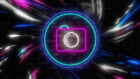 Animation-of-neon-camera-and-shapes-over-black-background