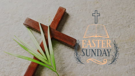 Animation-of-easter-sunday-text-over-cross-and-palm-leaf-on-grey-background
