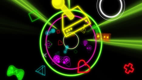Animation-Von-Neon-Videospielsymbolen-Auf-Schwarzem-Hintergrund