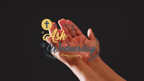 Animation-of-ash-wednesday-text-over-biracial-woman's-paying-hands-on-wooden-background