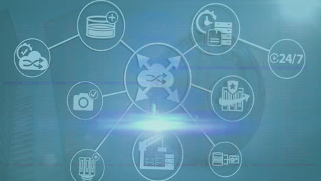 Animation-Eines-Verbindungsnetzwerks-Mit-Technologiesymbolen-über-Einem-Globus-Auf-Blauem-Hintergrund