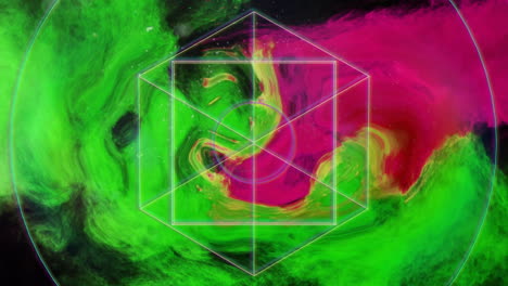 Animation-Bewegter-Formen-über-Grünen-Und-Roten-Wolken-Auf-Schwarzem-Hintergrund