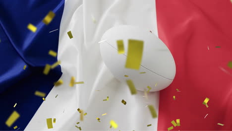 Animation-of-confetti-over-white-rugby-ball-and-flag-of-france