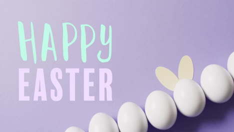 Animation-of-happy-easter-text-over-white-eggs-on-purple-background