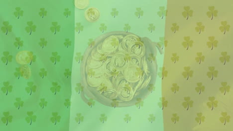 Animation-of-shamrocks-over-flag-of-ireland-and-coins