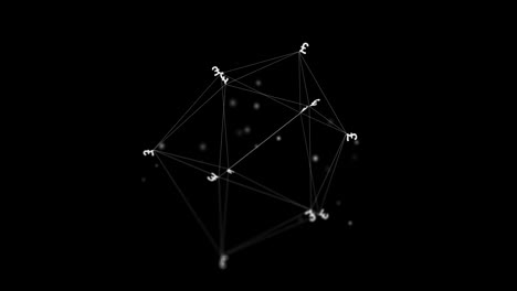 Animation-of-network-with-data-processing-and-pound-signs-over-black-background