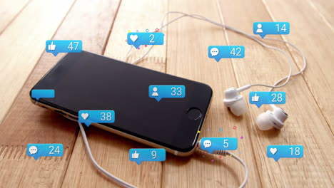 Animation-of-media-icons-over-smartphone-and-earphones