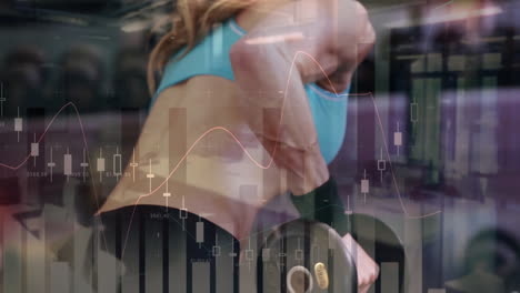 Animation-of-financial-data-processing-over-caucasian-woman-lifting-dumbbell