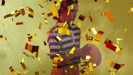Animation-of-confetti-falling-over-caucasian-female-rugby-player-holding-ball