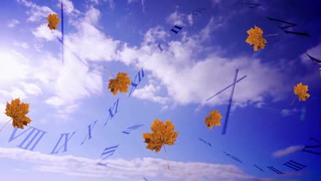 Animation-of-autumn-leaves-falling-over-clocks-and-sky-with-clouds
