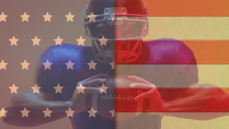 Animation-Der-Flagge-Der-USA-über-Einem-Kaukasischen-Männlichen-American-Football-Spieler,-Der-Einen-Ball-Hält