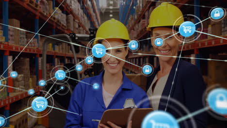 Animation-of-network-of-connections-with-icons-over-caucasian-female-workers-in-warehouse