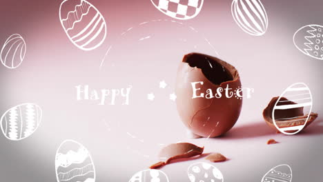Animation-of-happy-easter-text-over-easter-eggs-and-cracked-chocolate-egg-on-pink-background