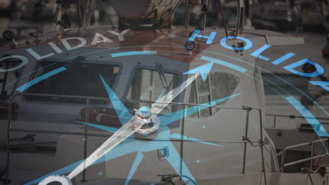 Animation-Eines-Kompasses-Mit-Pfeil,-Der-Auf-Einen-Urlaubstext-über-Einem-Boot-Im-Hafen-Zeigt