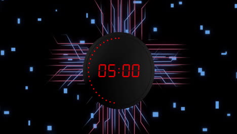 Animation-of-digital-data-processing-with-countdown-over-circuit-board-on-black-background