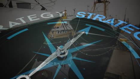 Animation-Eines-Kompasses-Mit-Pfeil,-Der-Auf-Einen-Strategietext-über-Booten-Im-Hafen-Zeigt