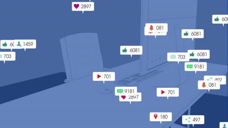 Animation-Von-Social-Media-Symbolen-Mit-Zahlen-über-Einem-Schreibtisch-Mit-Computer-Auf-Blauem-Hintergrund