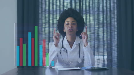 Animation-of-financial-data-processing-over-african-american-female-doctor-having-video-call