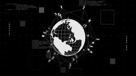 Animation-of-globe-with-currency-signs-and-data-processing-over-black-background