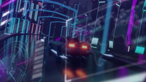 Animation-of-interface-screen-over-futuristic-car-driving-through-neon-city-at-night