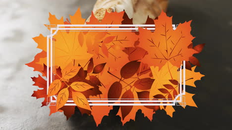 Animation-of-frame-with-fall-leaves-over-baguettes