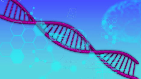 Animation-of-medical-data-processing-over-dna-on-blue-background