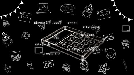 Animation-Von-Taschenrechner--Und-Geschäftssymbolen-Auf-Schwarzem-Hintergrund