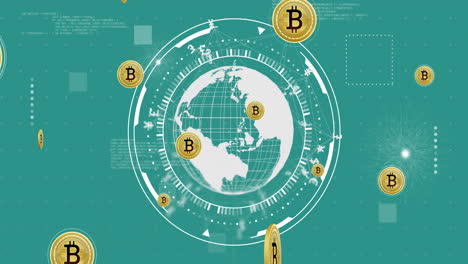 Animation-Von-Bitcoin-Symbolen-Und-Globus-Auf-Grünem-Hintergrund