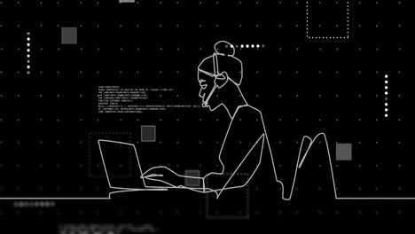 Animation-of-outline-of-woman-using-computer-data-processing-over-black-background