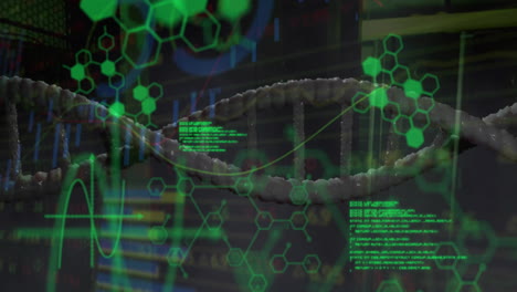 Animation-of-medical-data-processing-over-dna-on-dark-background