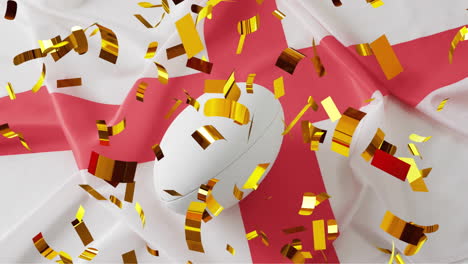 Animation-of-confetti-over-white-rugby-ball-over-flag-of-england