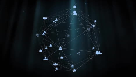 Animation-of-globe-of-connections-with-social-media-icons-over-light-trails-on-black-background