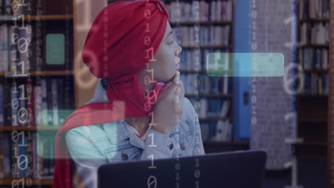Animation-Von-KI-Text-Und--Daten-über-Einer-Gemischtrassigen-Studentin-Im-Hijab-Mit-Laptop