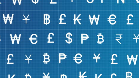 Animación-De-Símbolos-De-Moneda-Sobre-Fondo-Azul