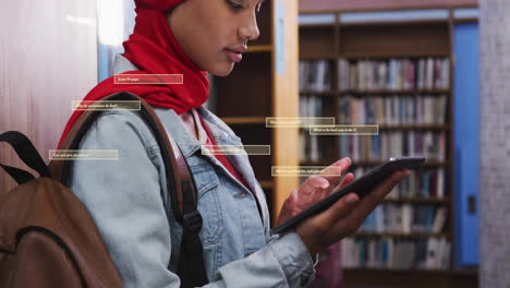 Animación-De-Texto-Y-Datos-De-Inteligencia-Artificial-Sobre-Una-Estudiante-Birracial-Con-Hijab-Y-Tableta