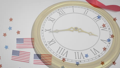 Animación-Del-Reloj-Moviéndose-Sobre-Banderas-De-Estados-Unidos.