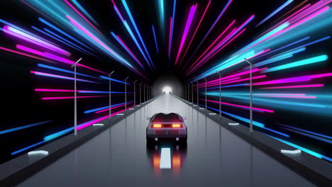 Animation-of-flashing-blue-and-pink-light-beams-and-futuristic-car-driving-through-tunnel