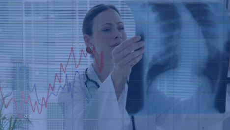 Animation-of-financial-data-processing-over-caucasian-female-doctor-looking-at-x-ray-scans
