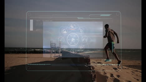 Animation-of-data-processing-over-african-american-man-running-on-beach