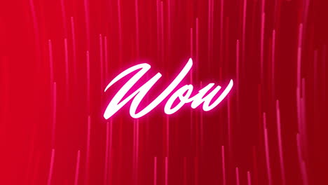 Animation-of-wow-text-in-glowing-pink-over-rising-red-light-trails-on-red-background