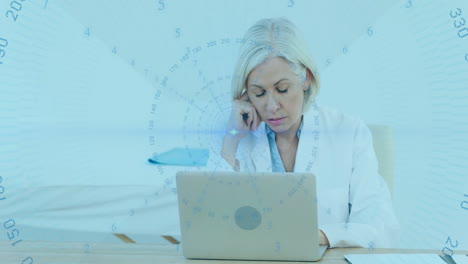 Animation-of-data-processing-connections-over-caucasian-female-doctor-using-laptop