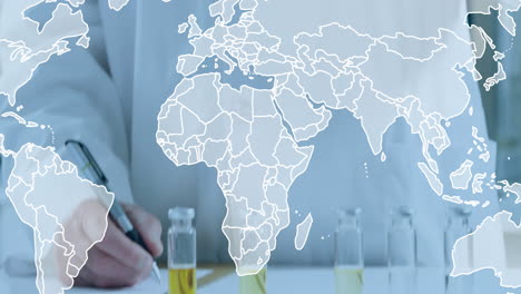 Animation-of-world-map-over-caucasian-male-scientist-in-laboratory